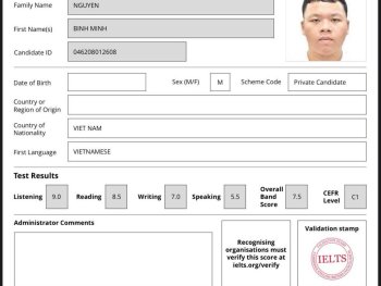 Niềm vui vỡ òa khi Bình Minh học sinh lớp 11 trường Hai Bà Trưng vượt mục tiêu 6.5 đặt ra và đạt 7.5 overall với lần đầu tiên thử sức.