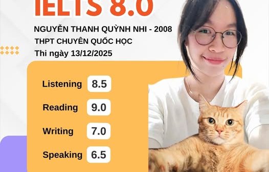 Chúc mừng Quỳnh Nhi đã xuất sắc chinh phục IELTS 8.0 ngay trong lần thi đầu tiên!